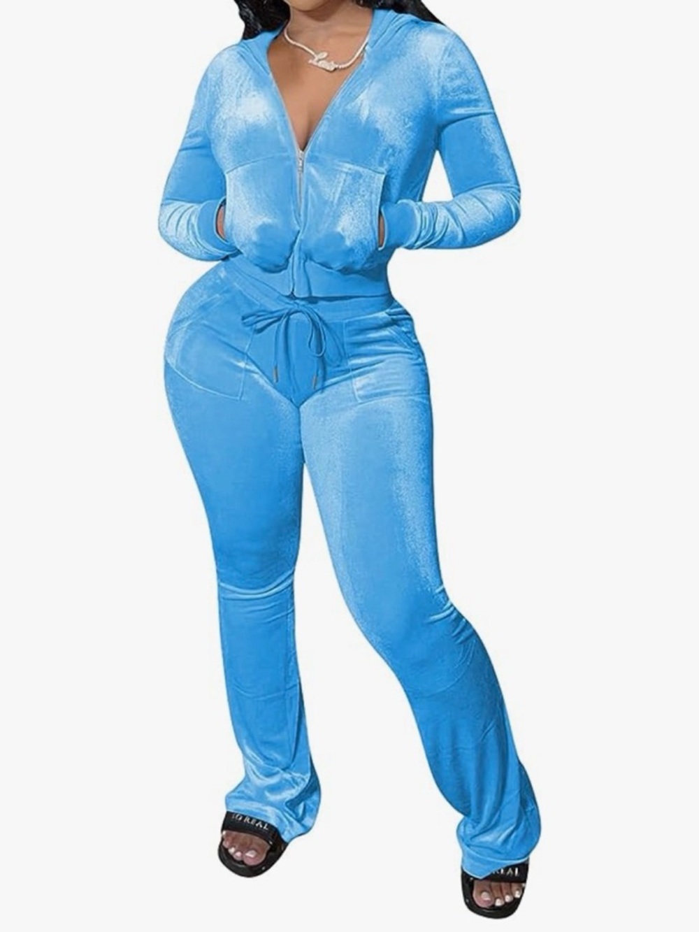 Velour Zip-Front Hoodie & Drawstring Pants Set - Sky Blue